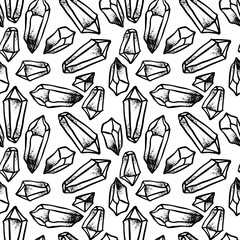 Hand drawn crystal gem seamless pattern. Geometric shiny gemstone symbol. Trendy hipster background, fabric design, fashion textiles. Black and white. Isolated vector illustration.