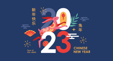 Chinese New Year holiday banner design. Chinese text : Happy New Year of the rabbit  2023. Template background for social media, greeting card, party invitation or website marketing. 