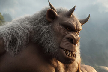 3d graphic illustration of angry fantasy ogre close up face teeth