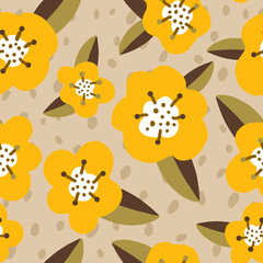 Abstract Hand Drawing Pop Art Retro Flowers and Leaves Seamless Vector Pattern with Isolated Dotted Background