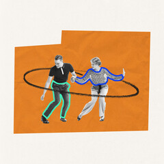 Contemporary art collage. Stylish young people actively dancing, boogie woogie over orange...