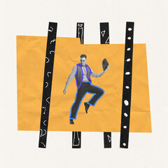 Contemporary art collage. Stylish and brutal young man in classical suit with hat dancing,...