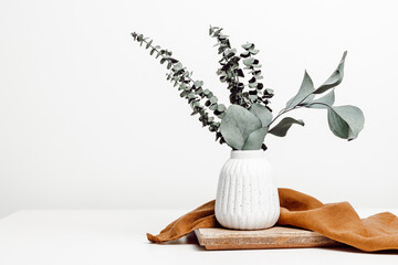 Vase with natural eucalyptus leaves on wooden stand with copy space, scandinavian interior style,...