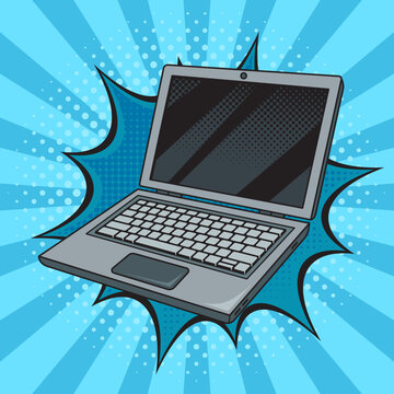 open laptop notebook computer pinup pop art retro vector illustration. Comic book style imitation.