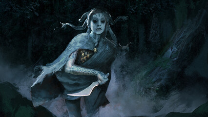 Digital painting of a gorgon female medusa character with a blade weapon emerging from the forest - fantasy illustration