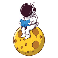 Cute Astronaut Reading a Book Sitting on Moon, Astronaut Icon Concept. Flat Cartoon Style. Suitable for Web Landing Page, Banner, Flyer, Sticker, Card