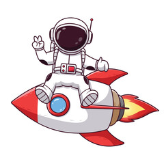 Cute Astronaut With Peaceful Hands Sitting on Rocket. Astronaut Icon Concept. Flat Cartoon Style. Suitable for Web Landing Page, Banner, Flyer, Sticker, Card