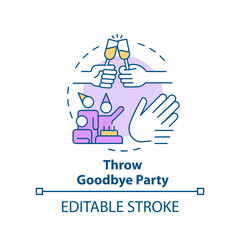 Throw goodbye party concept icon. Farewell celebration. Adieu get together abstract idea thin line illustration. Isolated outline drawing. Editable stroke. Arial, Myriad Pro-Bold fonts used