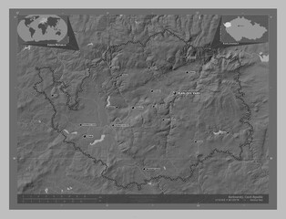 Karlovarsky, Czech Republic. Grayscale. Labelled points of cities