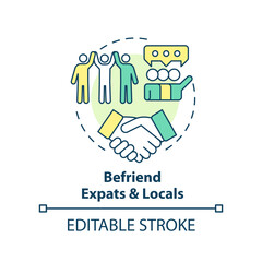 Befriend expats and locals concept icon. Become familiar with foreigners abstract idea thin line illustration. Isolated outline drawing. Editable stroke. Arial, Myriad Pro-Bold fonts used