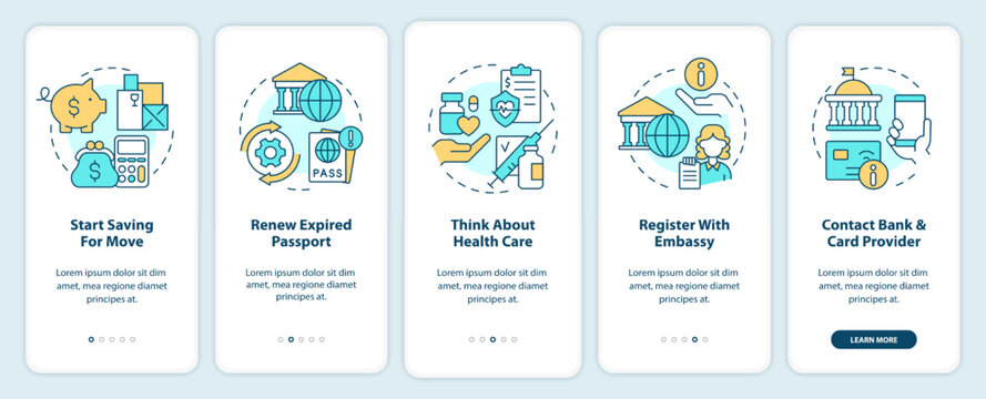 Moving abroad tips onboarding mobile app screen. Travel preparations walkthrough 5 steps editable graphic instructions with linear concepts. UI, UX, GUI template. Myriad Pro-Bold, Regular fonts used