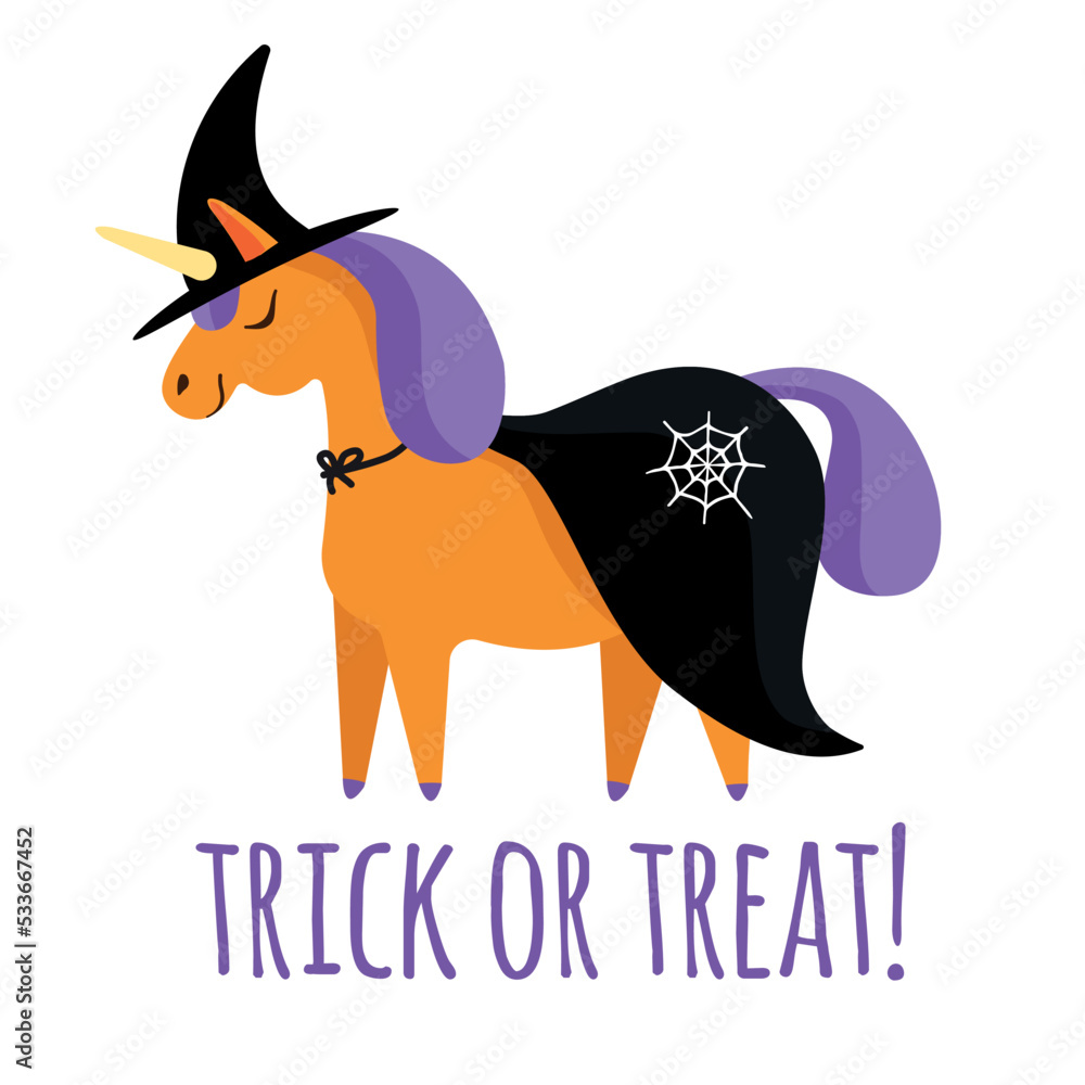 Poster Vector flat hand drawn Halloween witch unicorn with trick or treat lettering isolated on white background