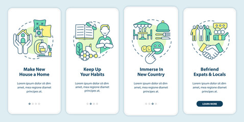 Overcome homesickness tips onboarding mobile app screen. Adaptation walkthrough 4 steps editable graphic instructions with linear concepts. UI, UX, GUI template. Myriad Pro-Bold, Regular fonts used