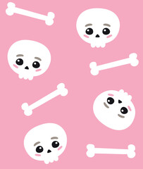 Vector seamless pattern of flat hand drawn kawaii skull and bones isolated on pink background