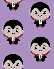 Vector seamless pattern of flat hand drawn cute vampire isolated on violet background