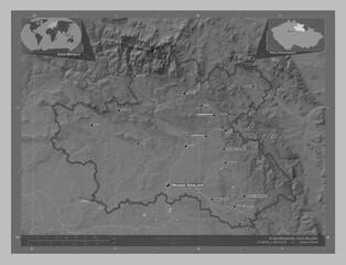 Kralovehradecky, Czech Republic. Grayscale. Labelled points of cities