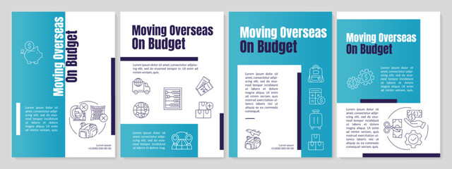 Fototapeta na wymiar Moving overseas on budget teal brochure template. Cheap moving. Leaflet design with linear icons. Editable 4 vector layouts for presentation, annual reports. Anton-Regular, Lato-Regular fonts used