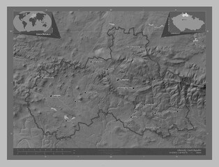 Liberecky, Czech Republic. Grayscale. Labelled points of cities