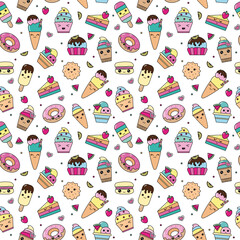 vector pattern of kawaii dessert, sweet and dessert doodle. Pattern wiht cute cake, sweet donat, cartoon cookies and macaron