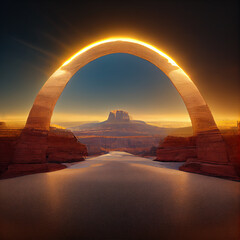 Large rock archway,sunrise,glowing with canyons and rocky desert beyond