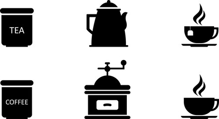 Silhouettes . Collection of illustrations: teapot, cup, coffee, tea, jar, coffee grinder.