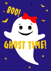 Halloween greeting card with cute ghost. Funny spooky with Boo sign for baby. Autumn kids party with happy phantom