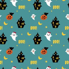 Halloween Pattern with cute ghost. Spooky pumpkin on Seamless for kid fabric. Black house with moon. Text Boo for party wrapping paper.