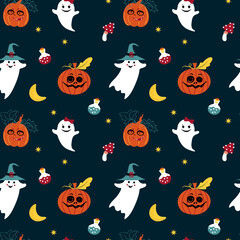 Cute ghost pattern. Seamless for Halloween with kids monsters. Funny spooky for background. Adorable spirit with hats. Pampkin Character for child fabric.