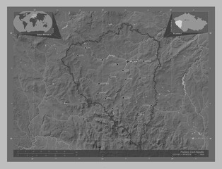 Plzensky, Czech Republic. Grayscale. Labelled points of cities