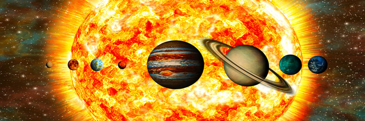 Solar System: the comparative size of the planets and the Sun, ultrawide. © tmass