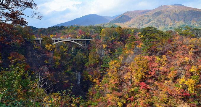 Ofukazawa Bridge spanning across Naruko Gorge with colorful in the autumn Season of Japan.