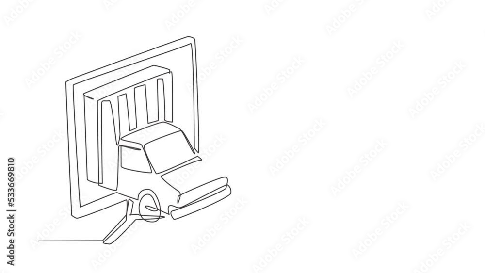 Poster self drawing animation of single line draw delivery box car comes out partly from giant monitor scre