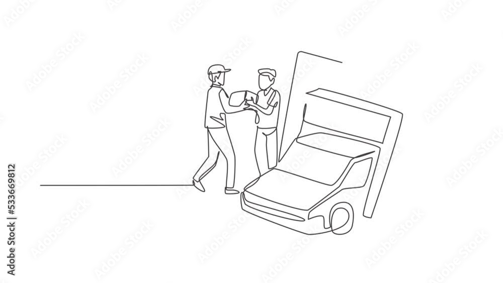 Poster animated self drawing of single continuous line draw delivery box car comes out partly from giant la