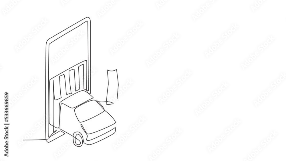 Poster animated self drawing of continuous line draw delivery box car comes out partly from giant smartphon