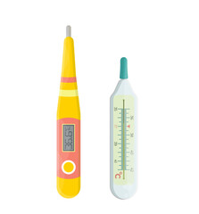 Mercury and electronic thermometers isolated. Set, collection of thermometers. Flat vector illustration.