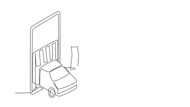 Animated self drawing of continuous line draw delivery box car comes out partly from giant smartphone screen and male courier gives package box to female customer. Full length single line animation.