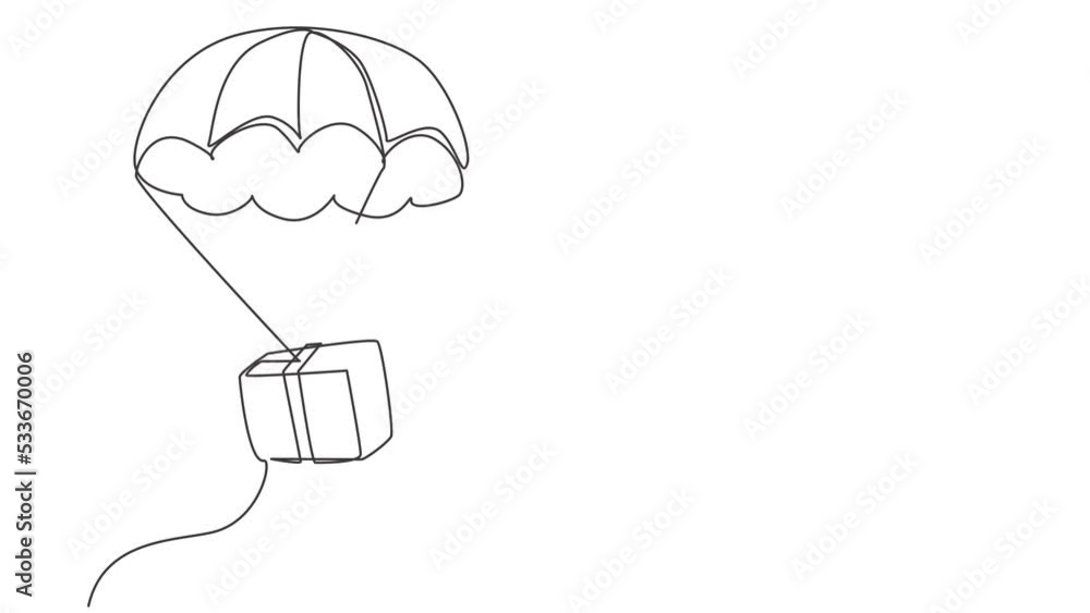 Aufkleber animated self drawing of continuous line draw box package flies through the sky using parachute. onl