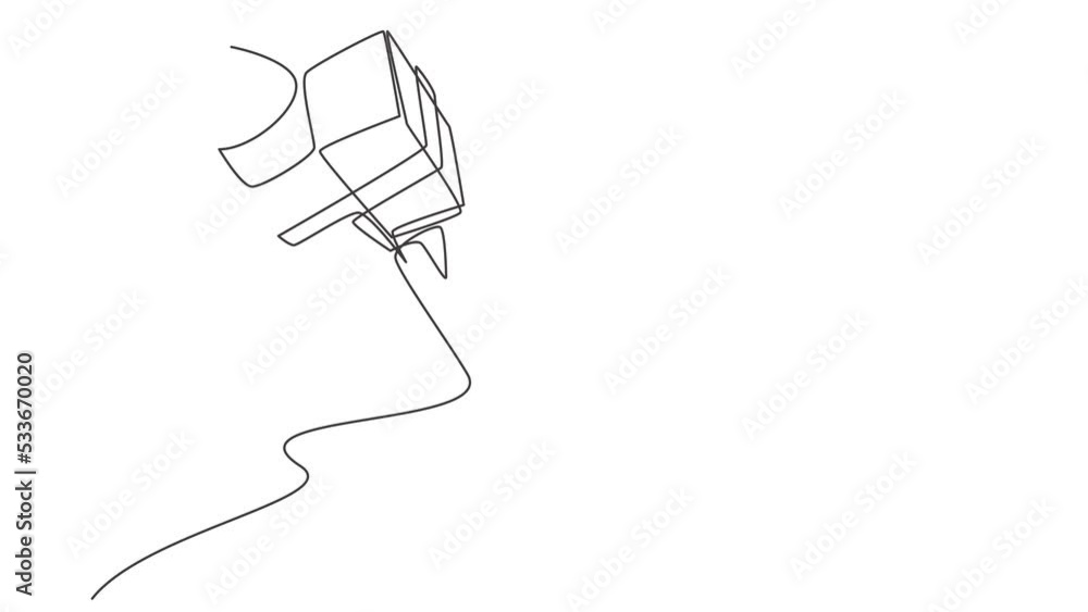 Poster animated self drawing of single continuous line draw box package flies in the sky using rocket. e-co