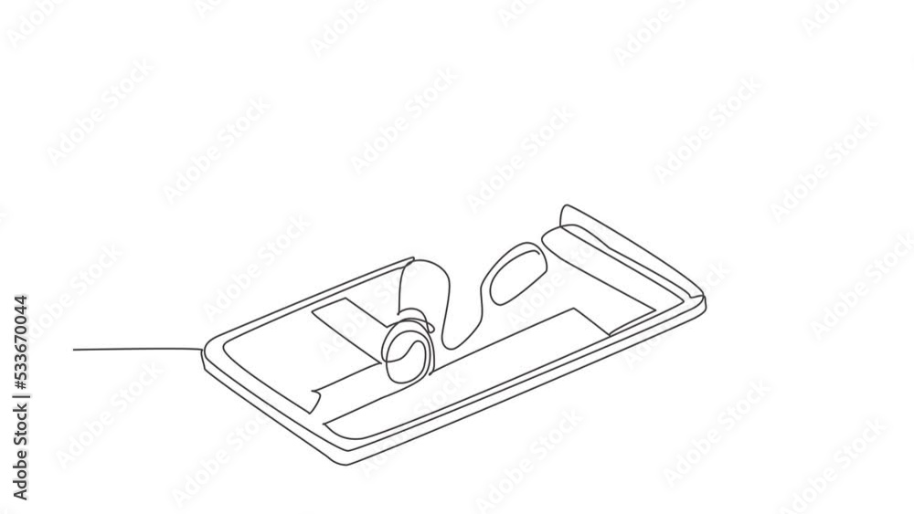 Poster self drawing animation of single line draw courier deliver packages using scooter and ride on smartp