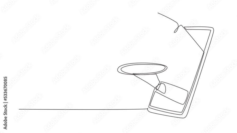 Poster animated self drawing of single continuous line draw hands out of smartphone screen with tray open t