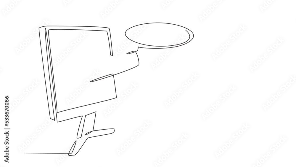 Poster self drawing animation of single line draw hands out of monitor screen with tray open to serve pizza