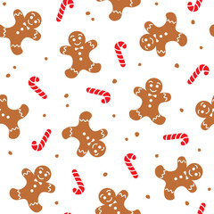 Seamless pattern with gingerbread man and candy canes on white background. Christmas and winter holiday theme. Vector illustration in flat style.