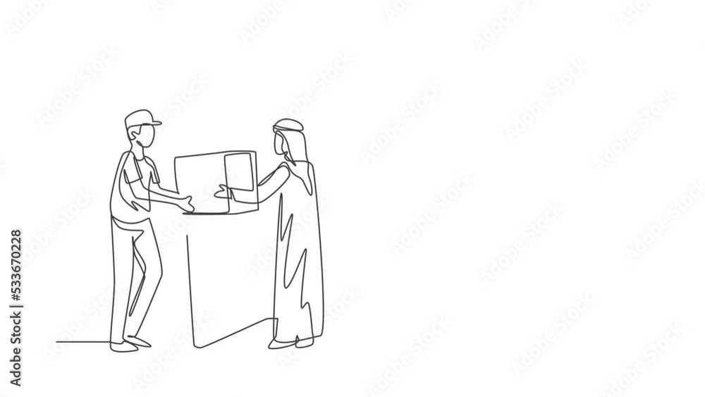 Poster animated self drawing of single continuous line draw male courier delivers box package, through lapt