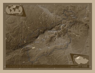 Ustecky, Czech Republic. Sepia. Labelled points of cities