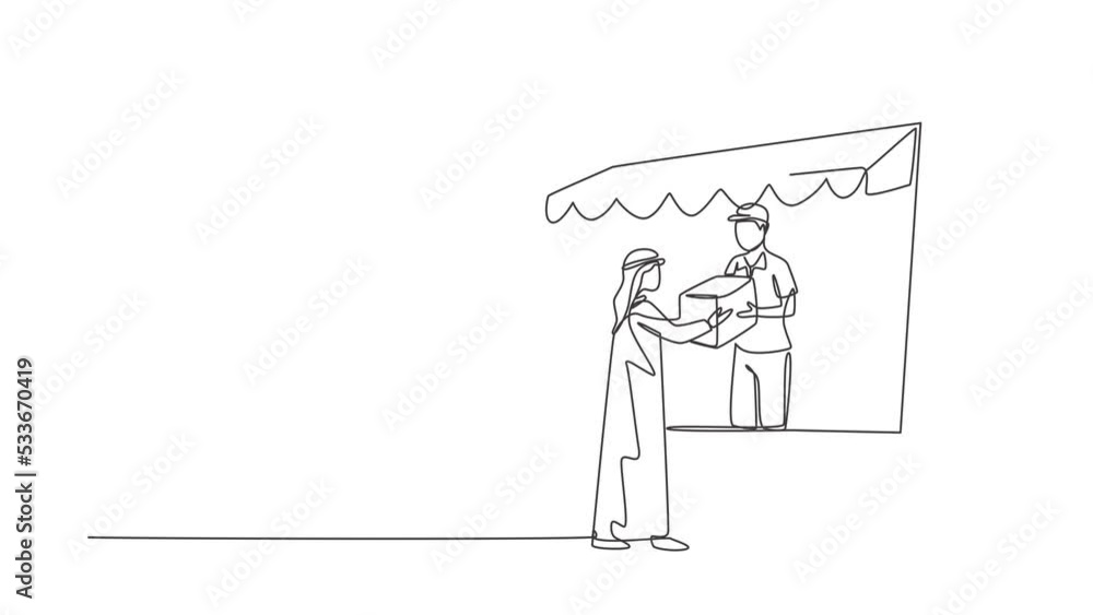 Poster animated self drawing of continuous line draw courier comes out of giant monitor screen with canopy 