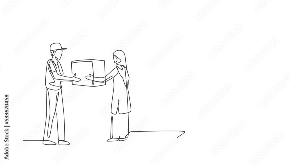 Poster animated self drawing of single continuous line draw male courier delivers box package, through lapt