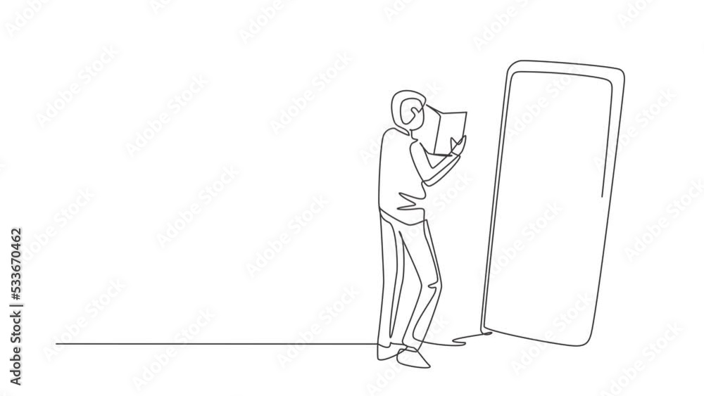 Poster self drawing animation of single line draw male student reading book while standing in front of larg