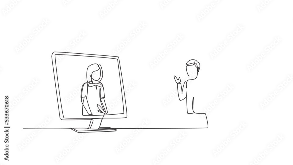 Poster animated self drawing of continuous line draw two monitors are standing front of each other, one sid
