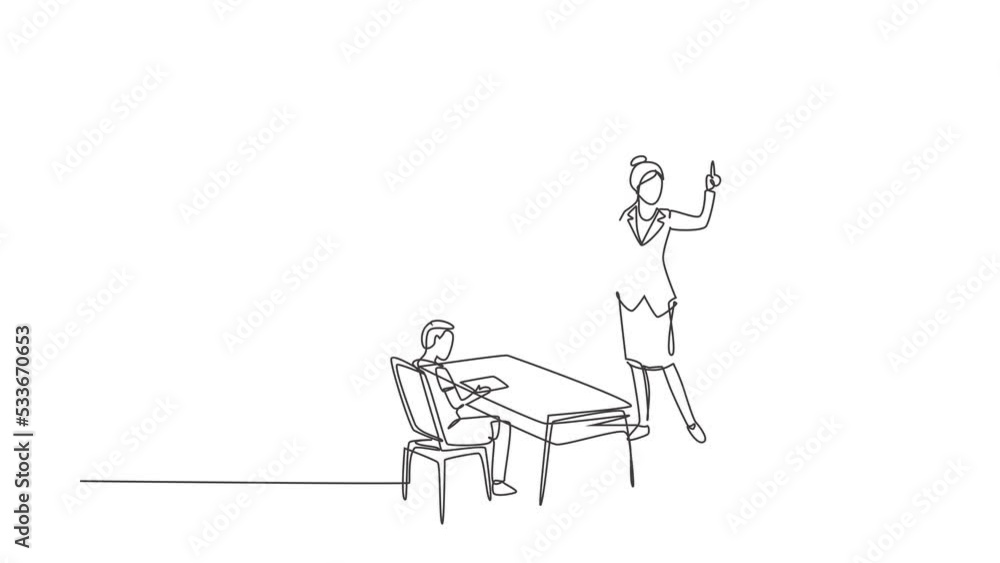 Poster animated self drawing of continuous line draw teacher standing front of screen holding book, teachin