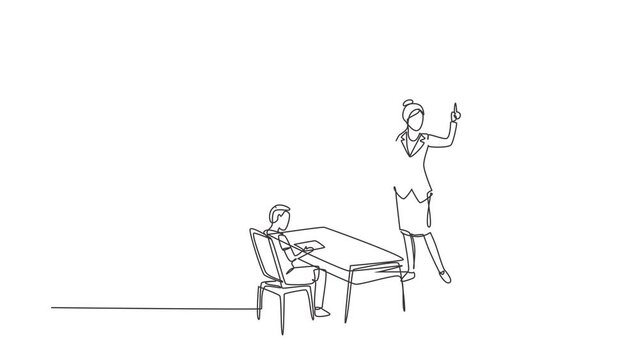 Animated self drawing of continuous line draw teacher standing front of screen holding book, teaching male junior high school students sitting on benches around desk. Full length single line animation